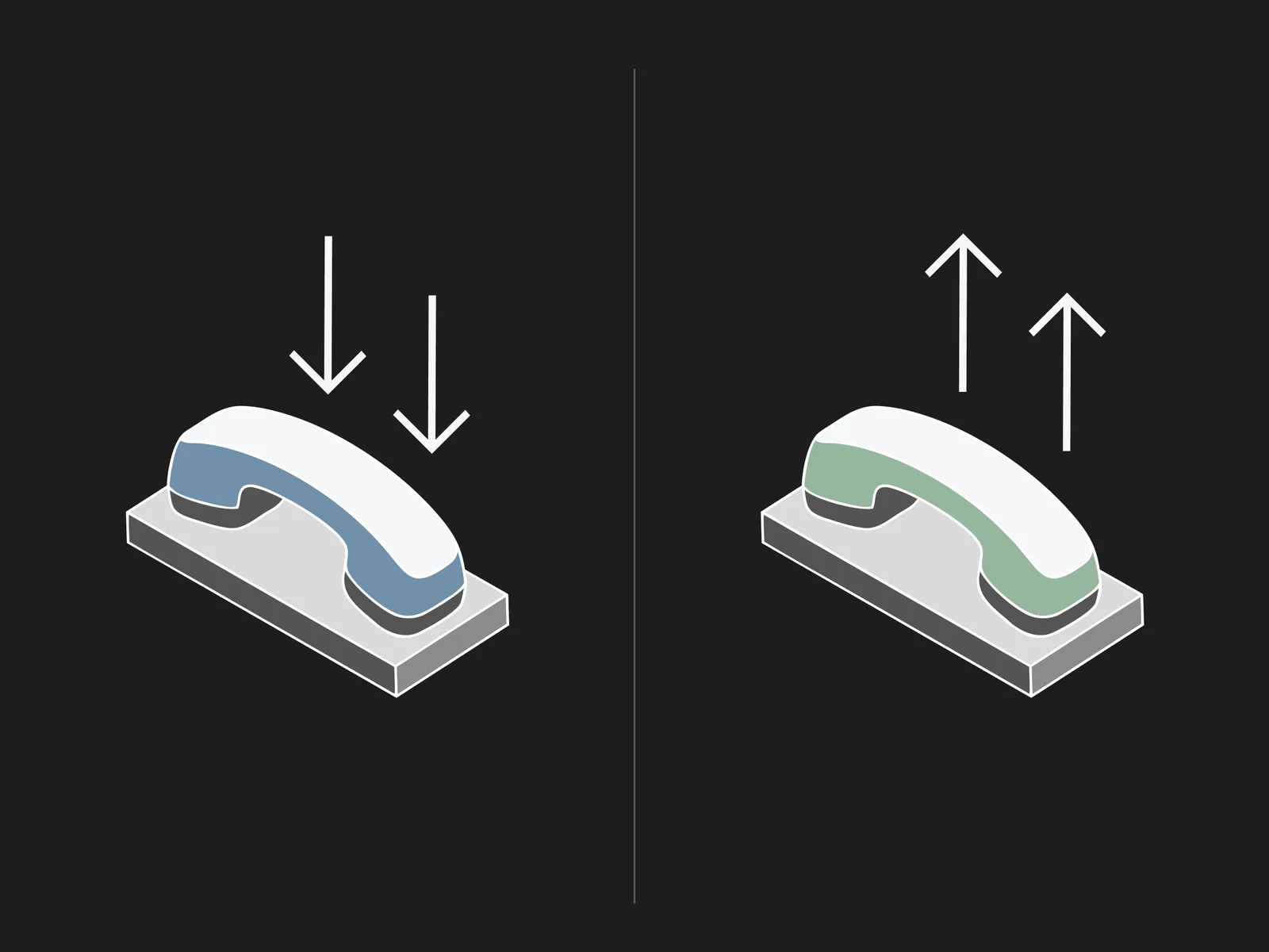 Two telephone handsets side by side, one shaded blue with arrows pointing down and one shaded green with arrows pointing up