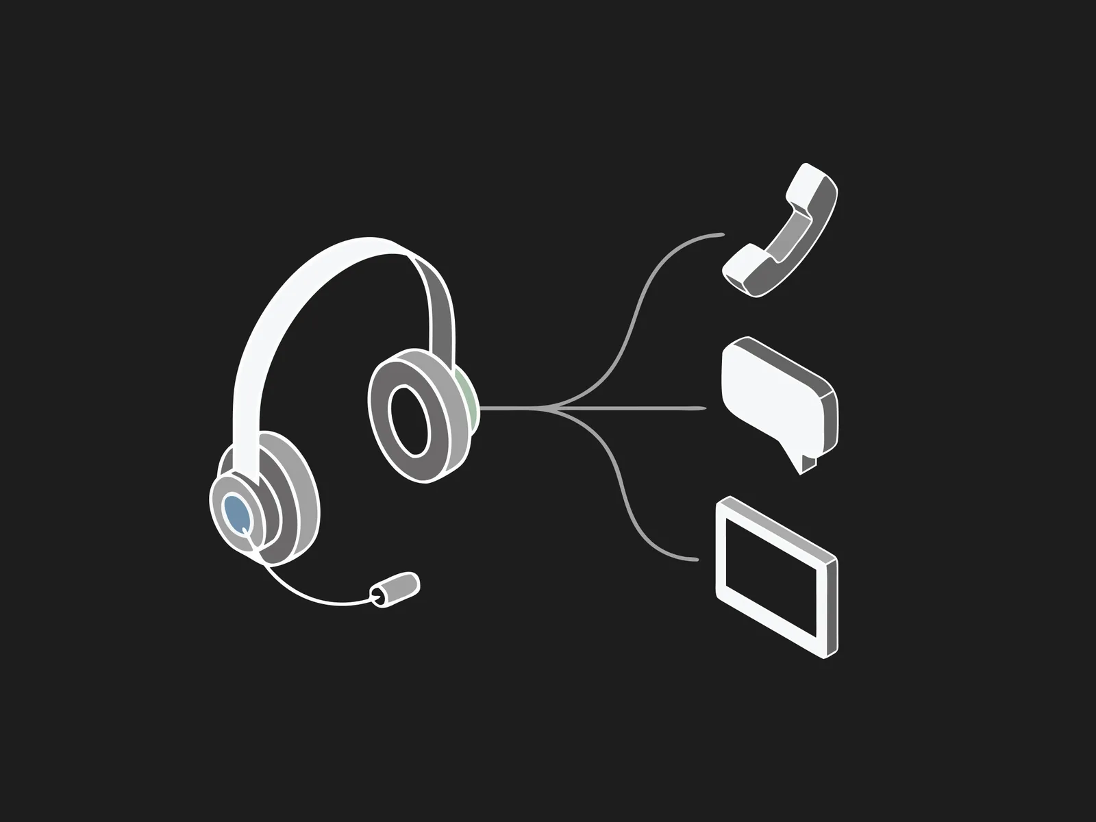 A headset with lines branching to a phone handset, chat bubble, and tablet icon