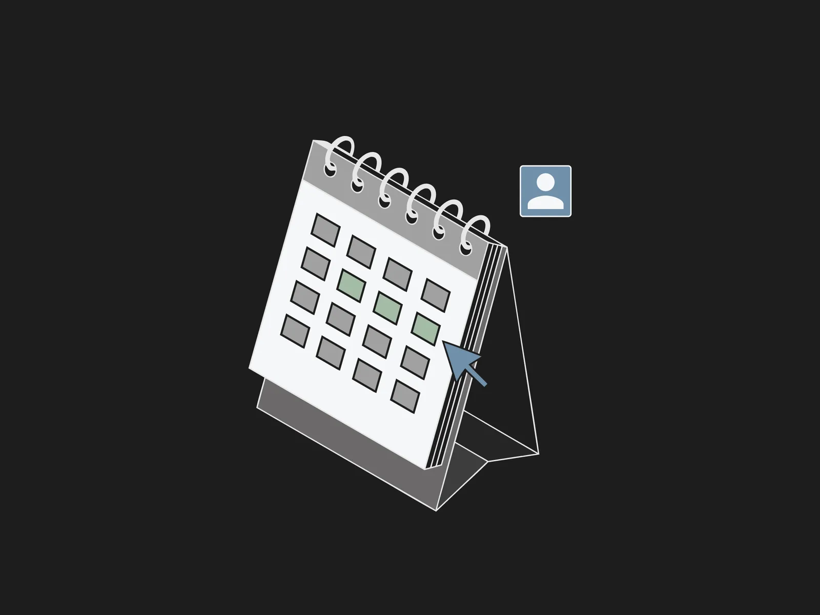 Desk calendar with highlighted dates beside a person icon