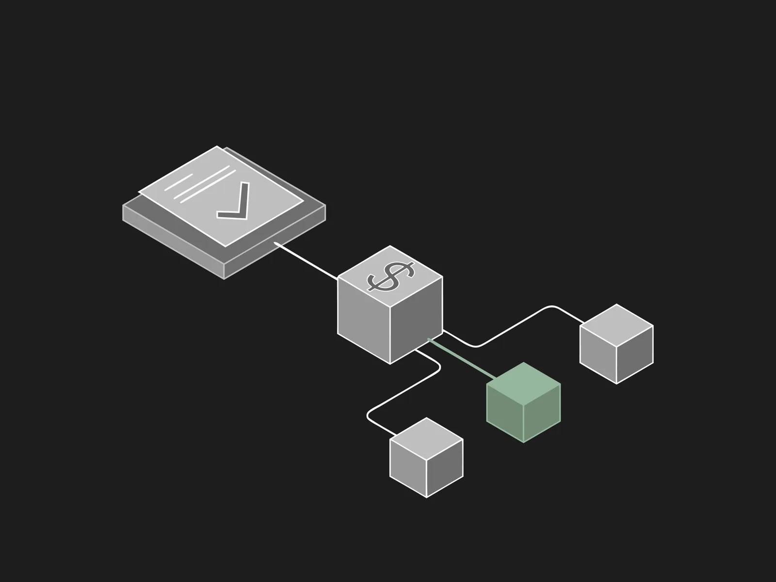 A document connected to a dollar-sign cube that branches to several plain cubes