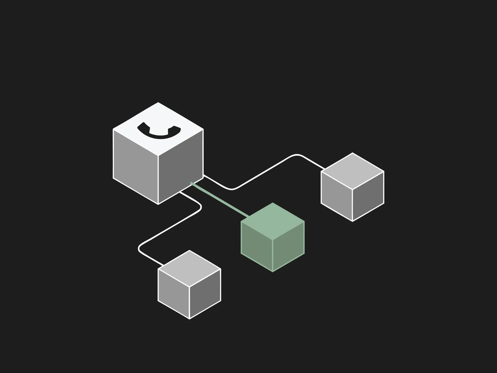 A cube with a phone icon connected by lines to three smaller cubes