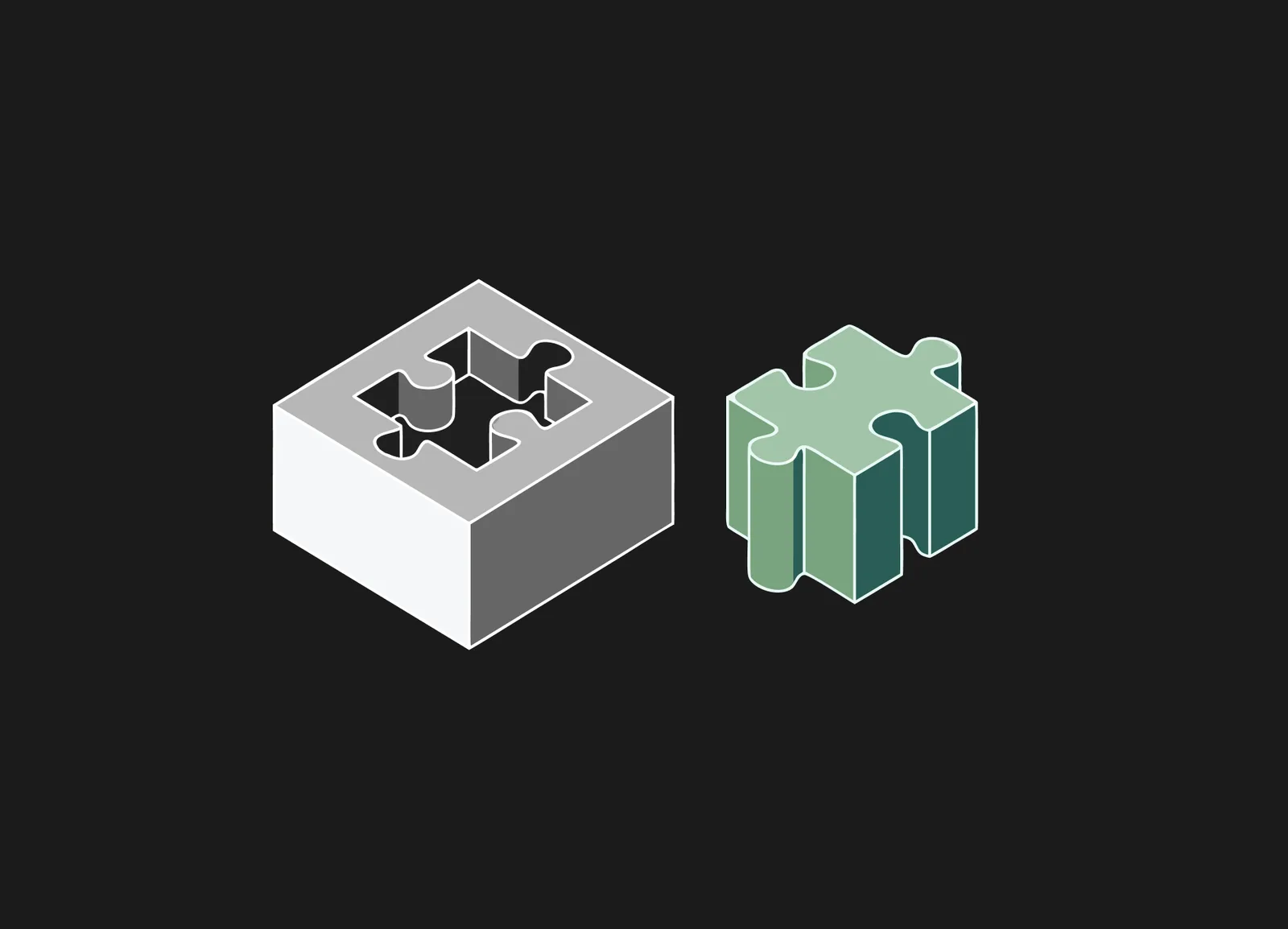 Gray puzzle piece with a hole cut in its top beside a solid green puzzle piece shaped to fit