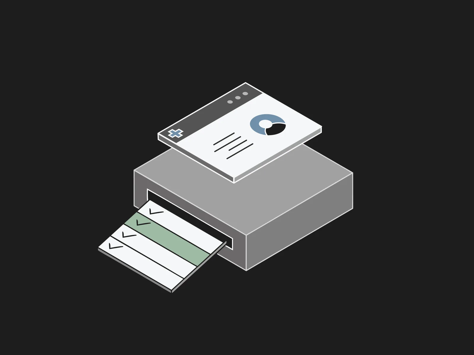 Isometric document with a heartbeat line and a green checkmark badge on the page