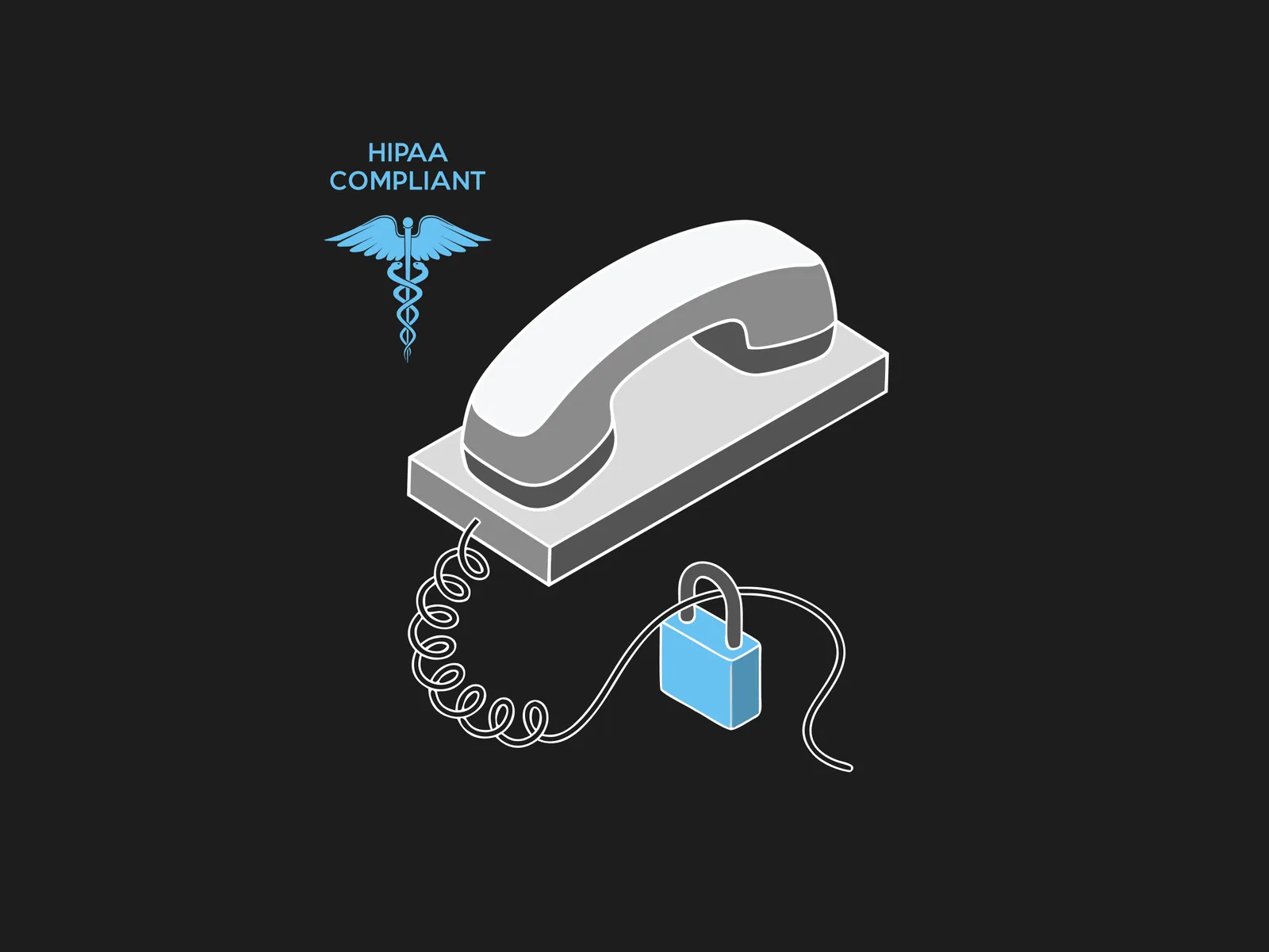 Isometric telephone handset beside a padlock, with a HIPAA compliant caduceus badge